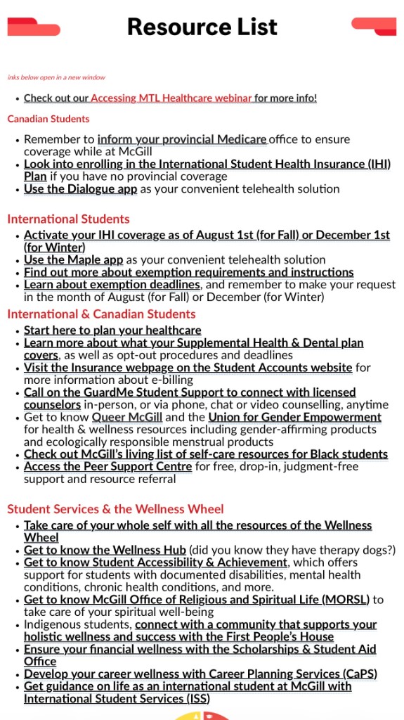 A dense official student resource list: dozens of bullet points and underlined links stacked in columns, with no search and no guidance.